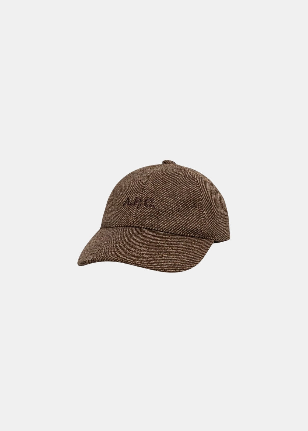Packshot de face d'une casquette baseball marron A.P.C. Charlie en laine chinée avec logo brodé ton sur ton.