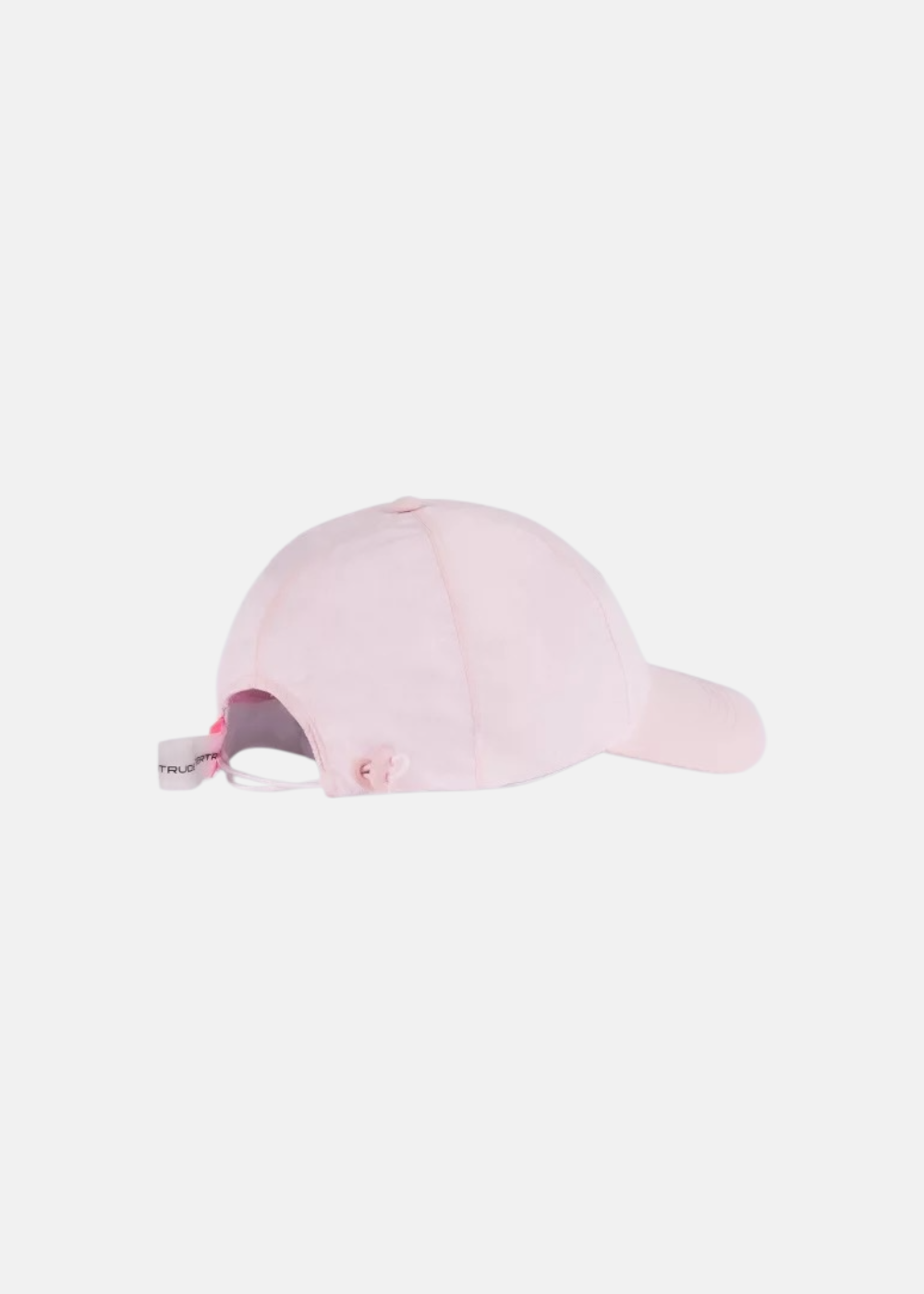 Vue de profil droit de la casquette Gertrude Jaron rose avec patch orange et étiquette blanche à l'arrière