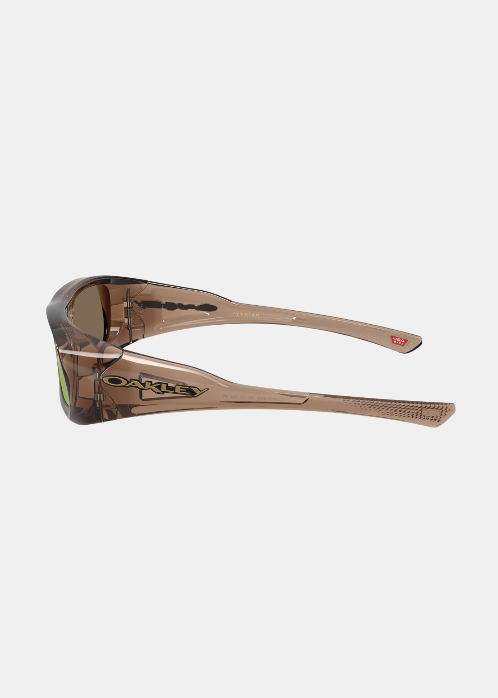 Vue de profil des lunettes de soleil Oakley Permian montrant la branche large gravée du logo Oakley