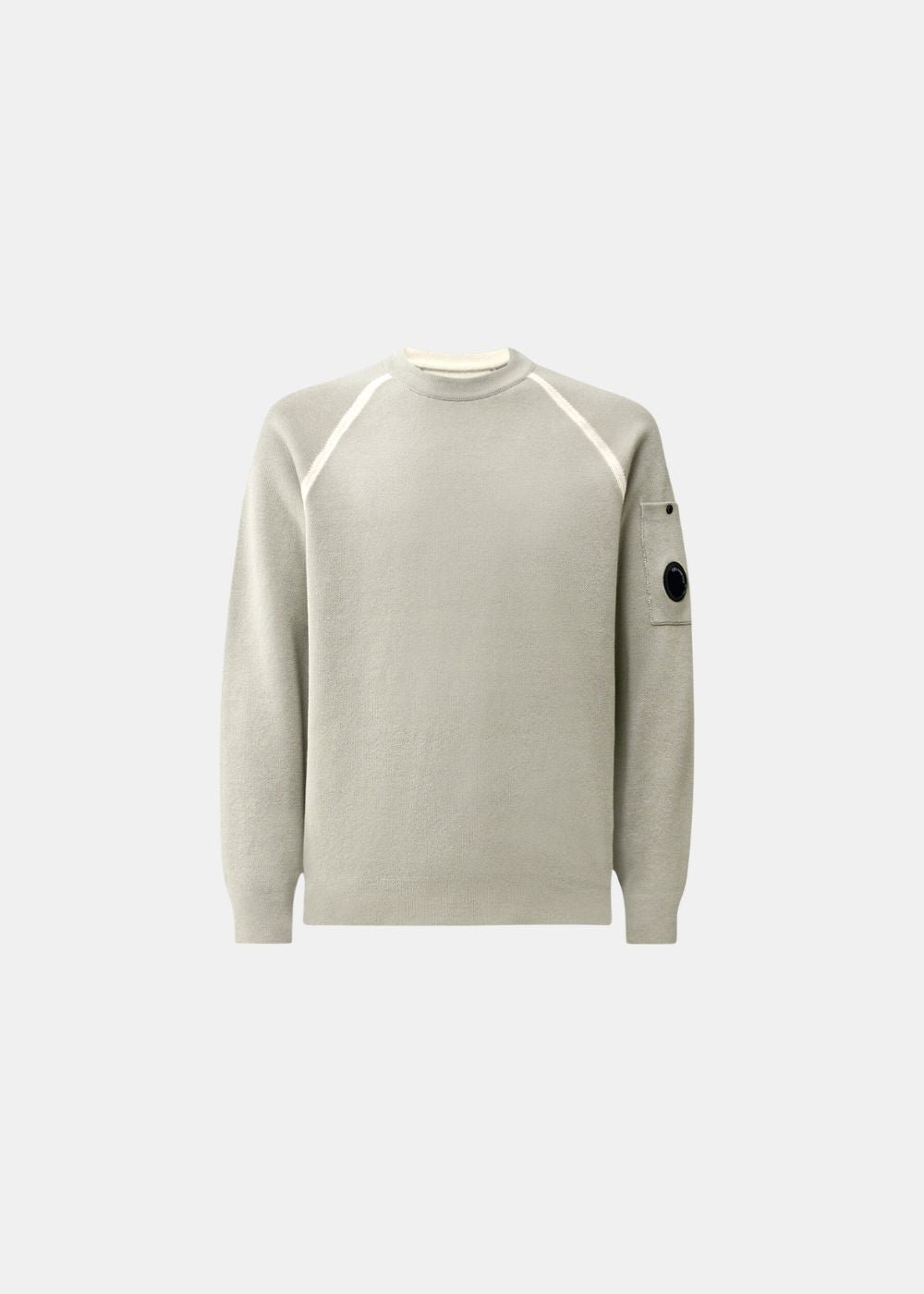 Packshot de face du pull col rond C.P. Company en maille double de coton gris avec coutures contrastées.