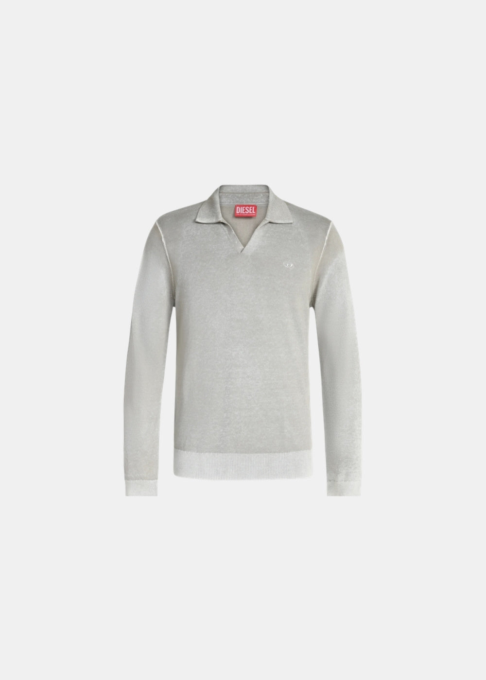 Packshot de face d'un pull beige Diesel K-Lorenzo en maille de coton avec col polo à revers en V et bords côtelés.