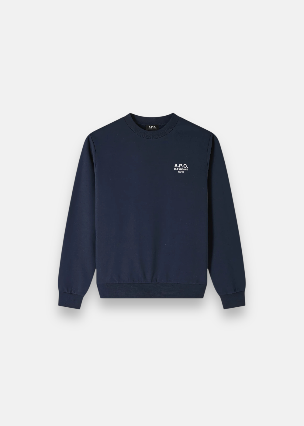 Sweat-shirt bleu marine A.P.C. avec broderie "A.P.C. Rue Madame Paris", présenté à plat de face.