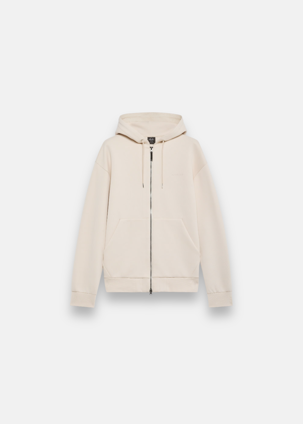 Sweat à capuche zippé Oakley Reserve Momento FZ beige sable avec double curseur et cordons.