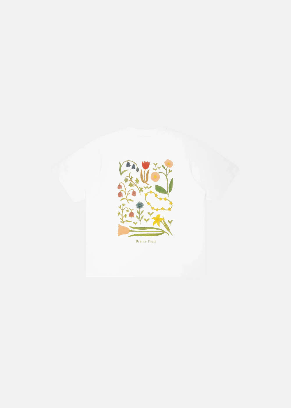 vue de dos à plat sur fond blanc du t-shirt brams fruit blanc imprimé au dos